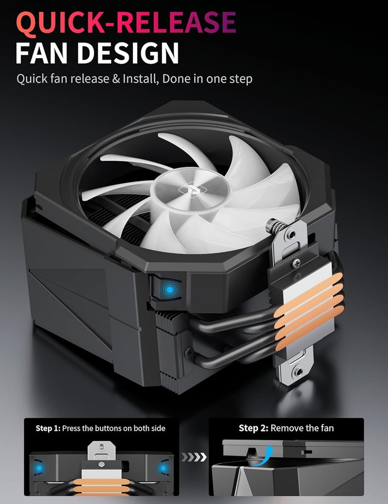 upHere up1 Elite CPU Cooler - 4 Heat Pipes, Infinity ARGB Mirror Top, Quick-Release Fans, Intel LGA1851/1700 & AMD AM5/AM4 Support, Independent Air Duct, 1650RPM 68CFM Fan, Black, up1 Elite KC4C - Image 5
